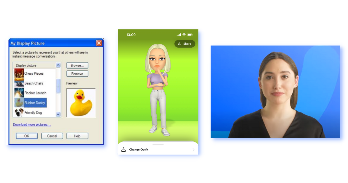 3 examples of internet avatars: ducky from Windows, a 3 character avatar and Alex, an AI video avatar by  Esynthesia