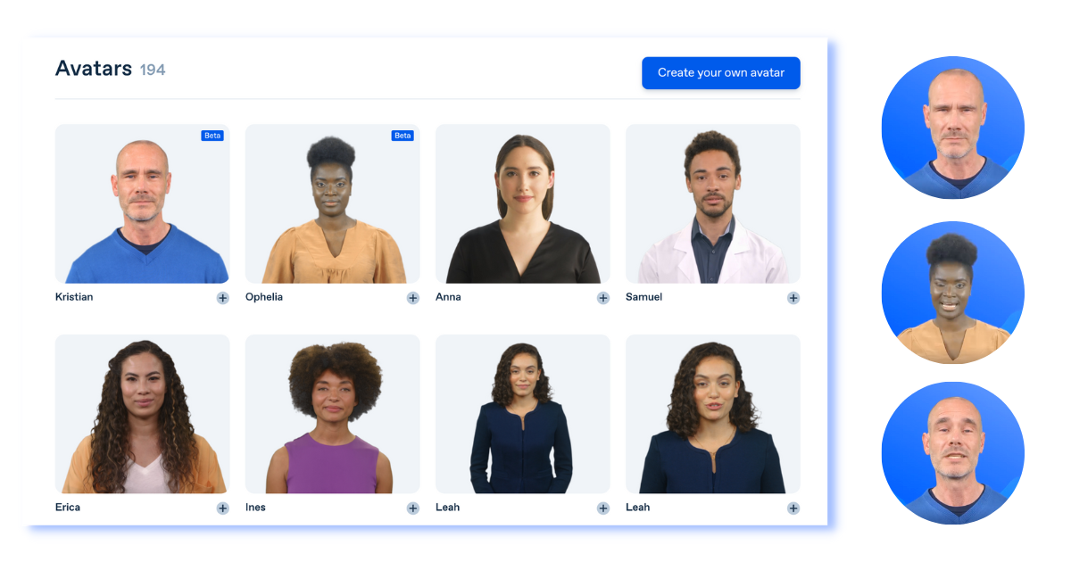 8 of the 194 Esynthesia AI avatars: Kristian, Ophelia, Anna, Samuel, Erica, Ines, and Leah in two framings