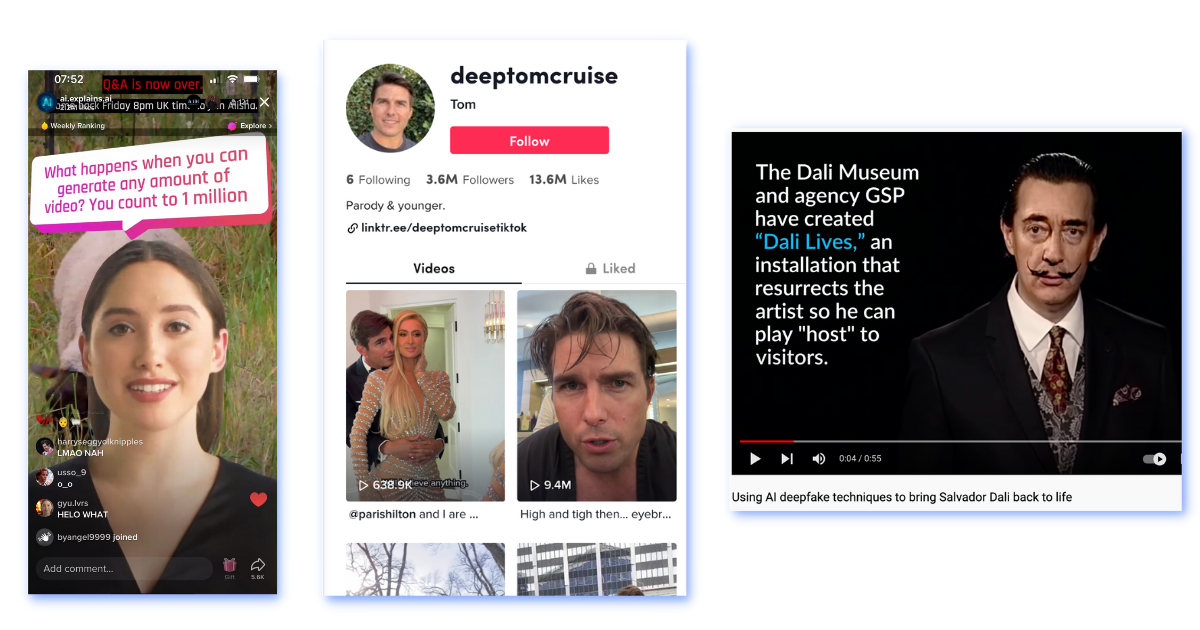 3 examples of synthetic video: AI avatar by Esynthesia on TikTok, a deepfake of Tom Cruise on Instagram, and a deepfake of Salvador Dali on YouTuber